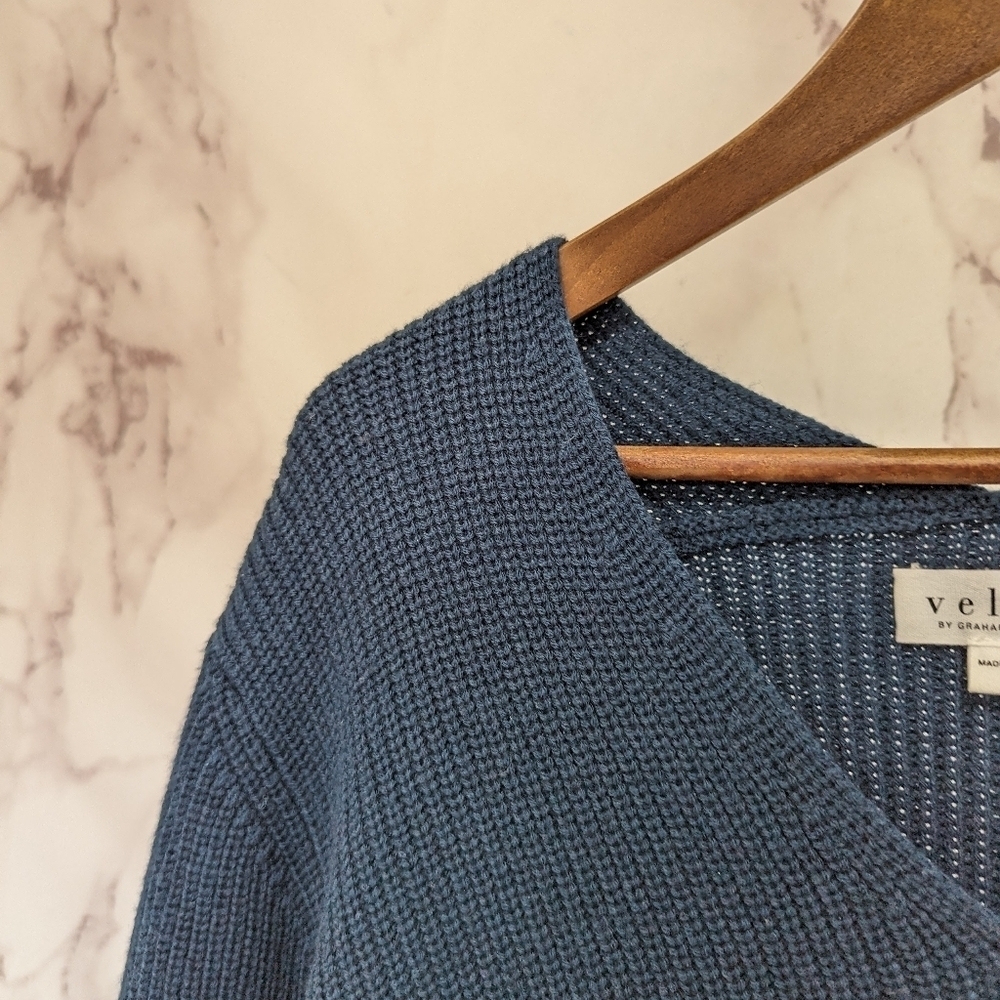 Anthropologie Sweater Womens Small Blue Wool Blend V Neck Velvet Graham Pullover - Picture 2 of 9